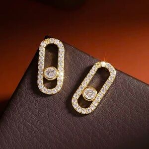 14K Gold Geometrical Paris Inspired Link Paperclip Diamond Inlay Earrings